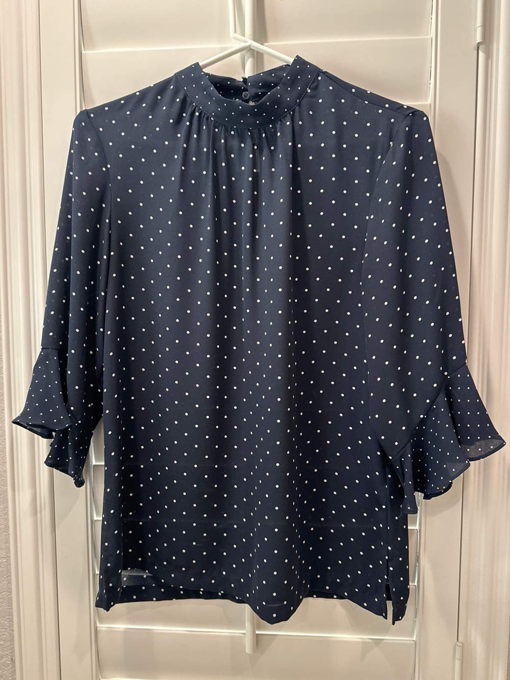 H&M Navy Blue Polka Dot Mock Neck Blouse